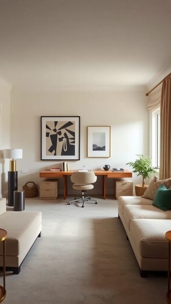 A modern home office featuring a desk, comfortable sofa, and decorative elements.