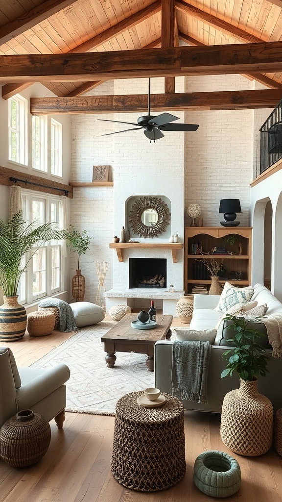 A cozy living room with an open layout featuring natural light, wooden beams, and comfortable decor.