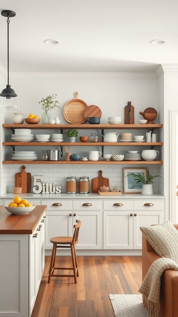 A cozy kitchen with open shelving displaying dishes, jars, and decorative items.