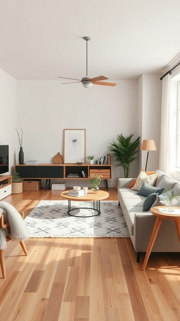 A cozy Scandinavian living room featuring a light color palette, wooden flooring, and modern furniture.