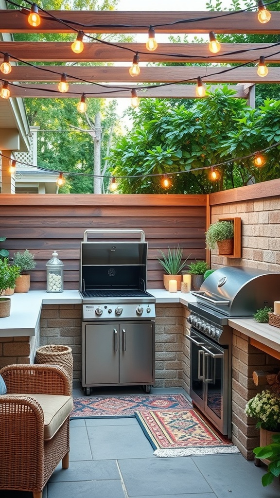 A stylish outdoor kitchen with a grill, countertop, and decorative plants.