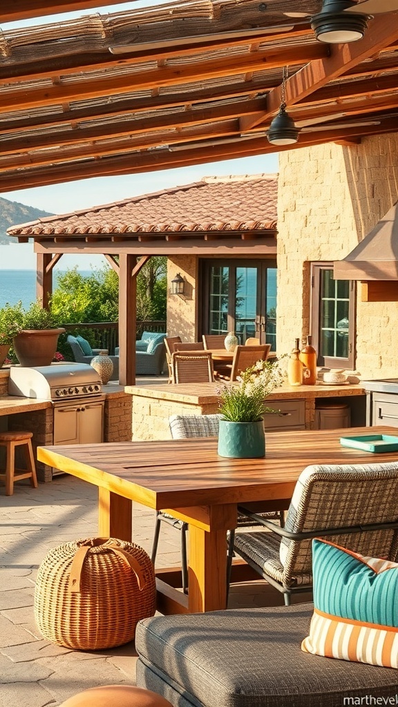 Funktionale Außenküche mit rustikalem Charme, Holzterrasse und gemütlichen Sitzgelegenheiten