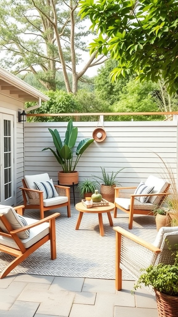 Cozy outdoor seating area with wooden chairs and plants.