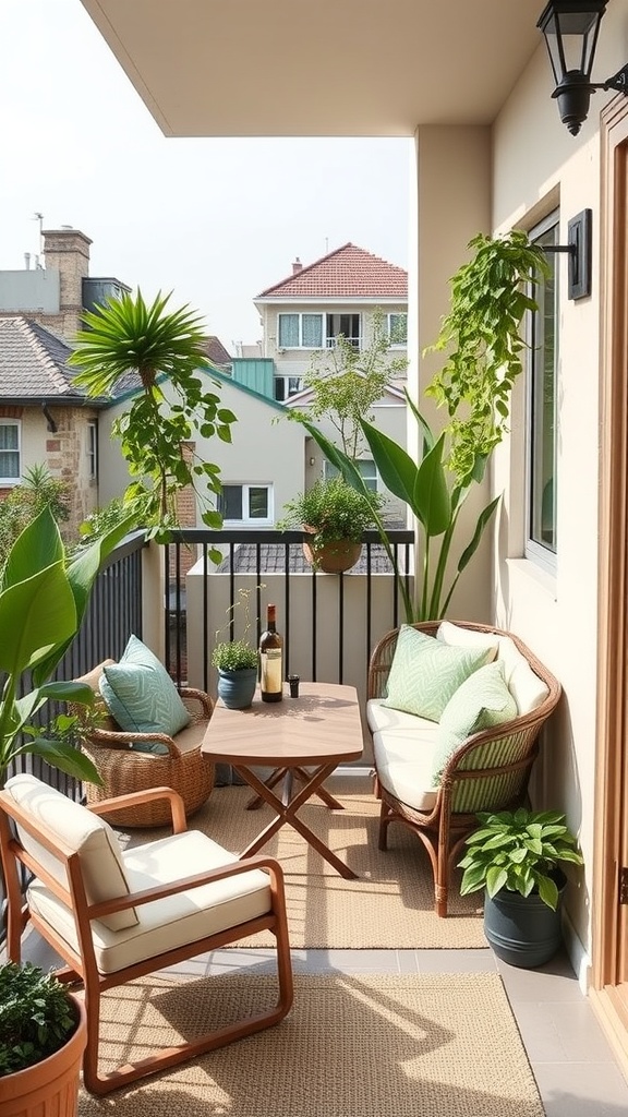 A cozy balcony with two chairs, a small table, and various plants.