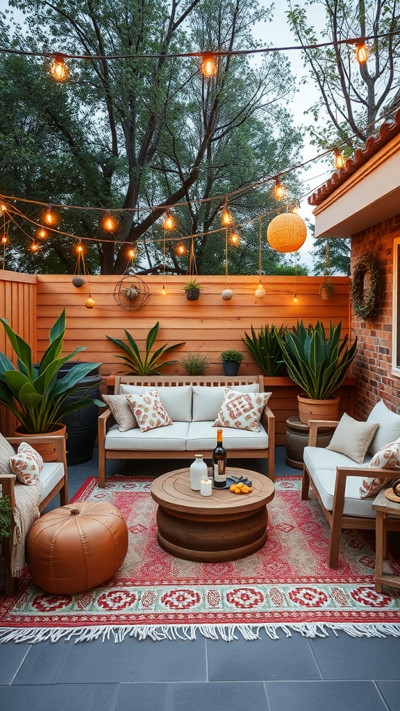 A cozy patio with plants, seating, and decorative lights.