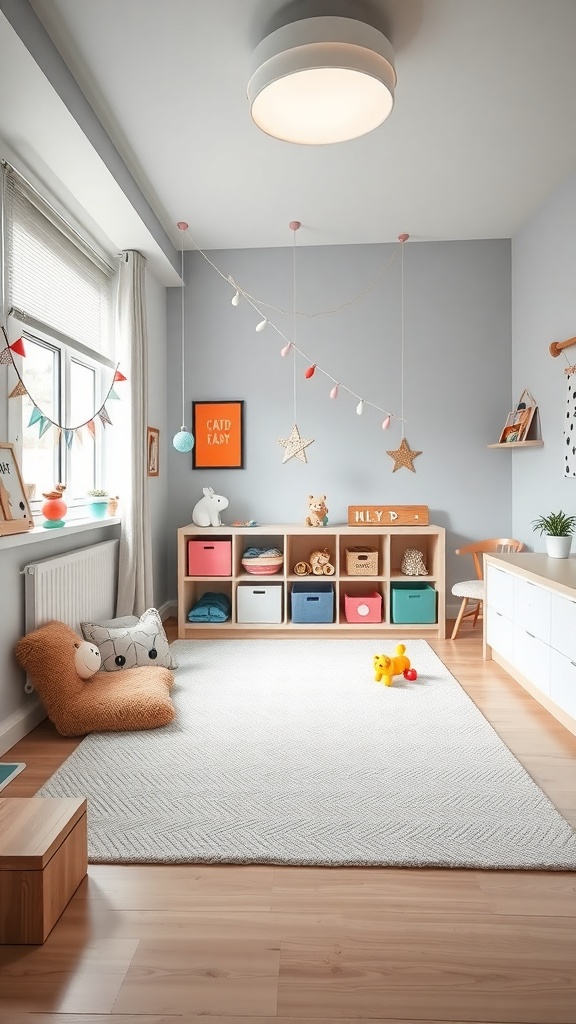 A stylish kids bedroom featuring a play zone with a plush rug, colorful storage bins, and cozy seating.