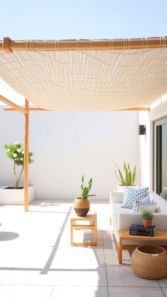 Minimalist patio with a wooden shade structure and potted plants.