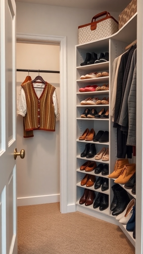 A cozy walk-in closet with organized shoe storage and a hanging outfit.