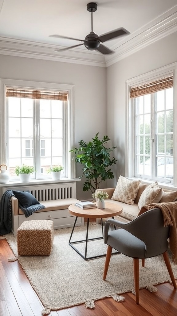 Cozy coffee nook with a modern sofa, round coffee table, pouf, and plants by the window.