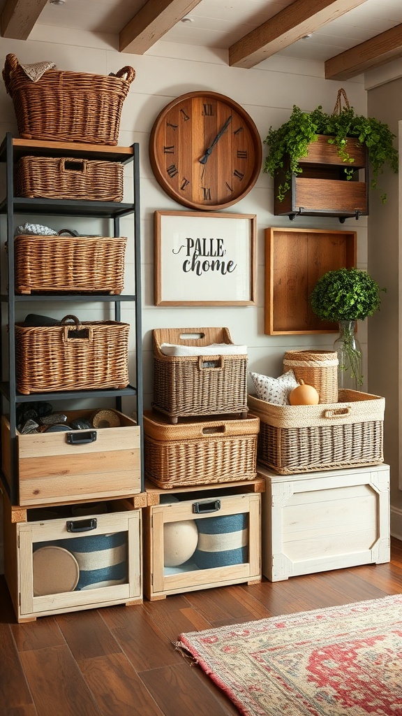 A rustic storage solution featuring woven baskets and wooden crates on a shelf, with decorative elements like a wall clock and greenery.