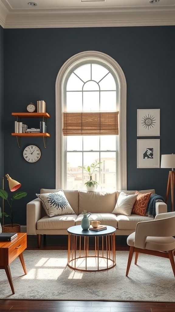 A stylish college living room with functional storage solutions, featuring a cozy couch, shelves, and a round coffee table.