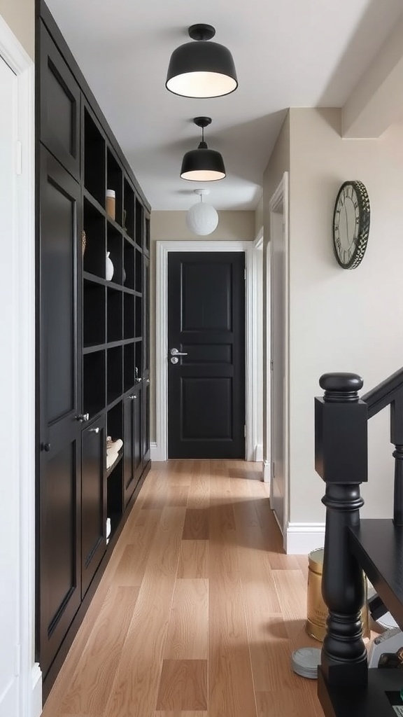 A modern hallway featuring wooden shelves and recessed lighting.