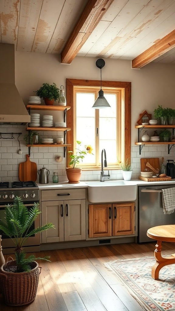 A cozy farmhouse kitchen featuring open shelving, wooden accents, and plants.
