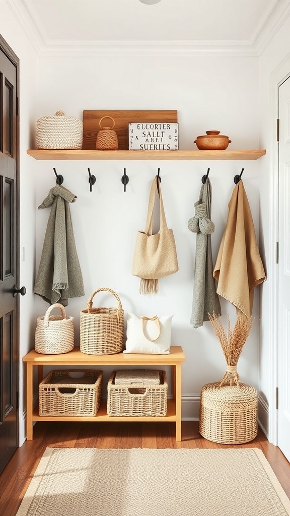 A cozy Scandinavian entryway with functional storage, featuring baskets, hooks, and a bench.