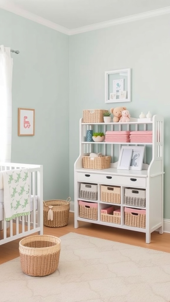 A cozy nursery with a crib and a functional storage unit featuring baskets and drawers.