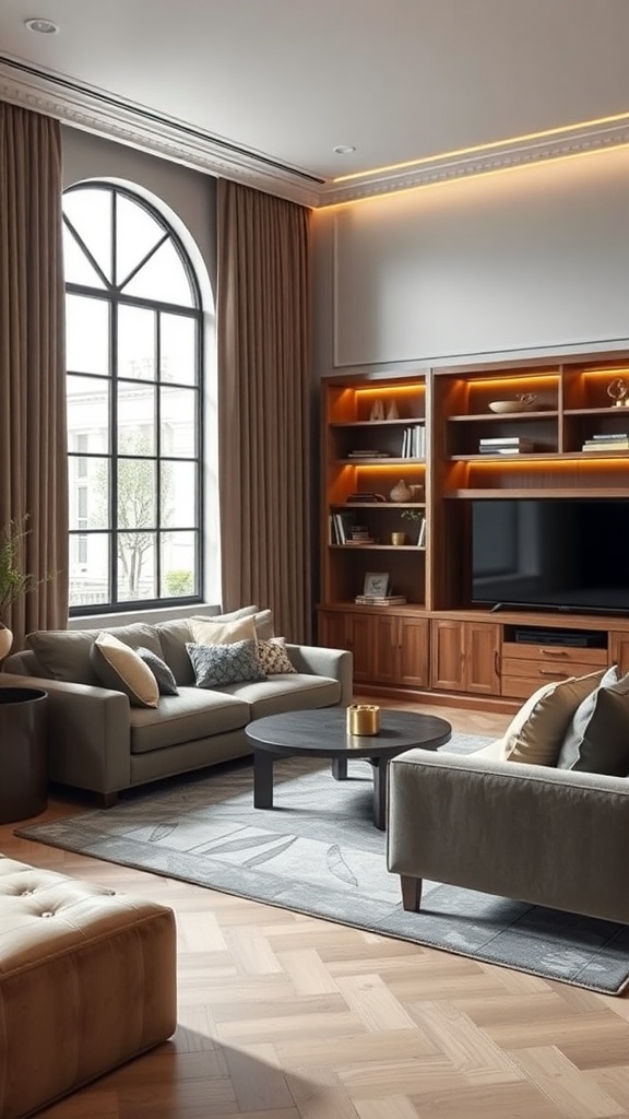 A cozy living room with a wooden shelving unit, comfortable sofas, and soft lighting.