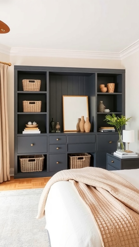 A stylish bedroom storage unit with dark cabinetry, open shelves, and woven baskets.