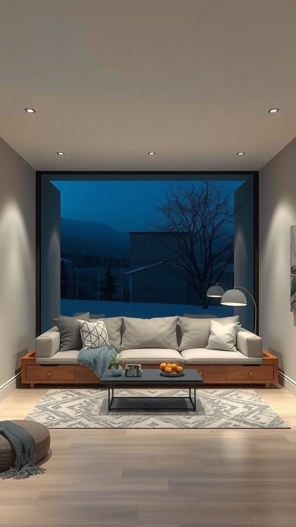 Cozy living area featuring a sunken couch with storage drawers, a coffee table, and a soft rug.