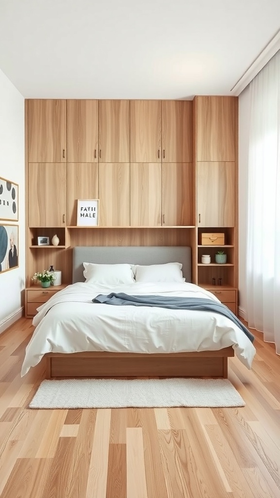 A minimalist Japanese bedroom featuring wooden cabinetry, a cozy bed, and natural elements for a calming atmosphere.