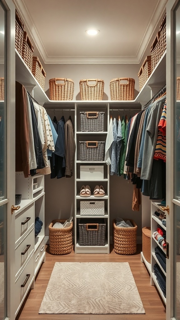 A cozy walk-in closet with organized shelves, woven baskets, and a soft rug.