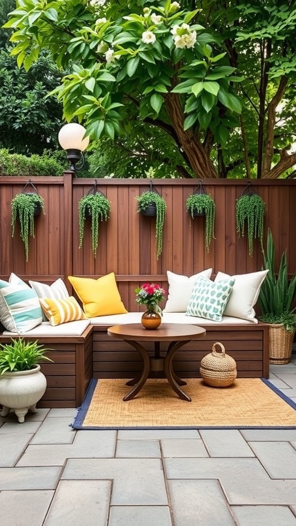 A small backyard patio featuring a wooden storage bench, colorful cushions, a round table, and hanging plants.