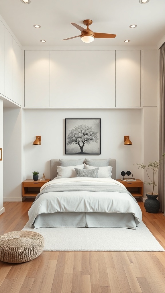 A serene Japandi-style bedroom featuring functional storage solutions, including sleek cabinetry and bedside tables.