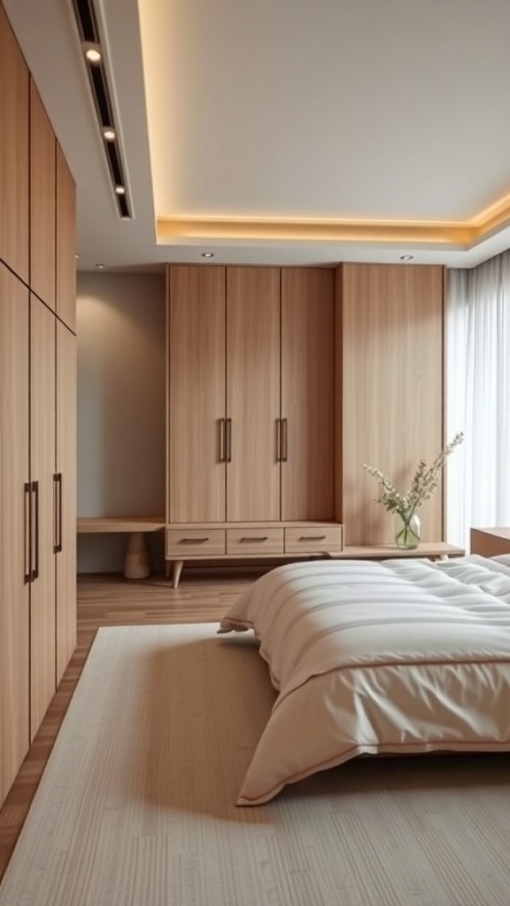 A minimalist Japandi bedroom featuring wooden storage cabinets and a cozy bed.