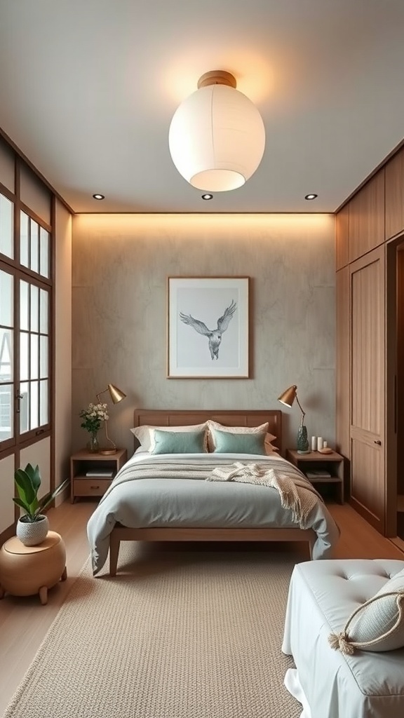 A serene Japandi-style bedroom featuring functional storage solutions with wooden furniture, a cozy bed, and decorative plants.