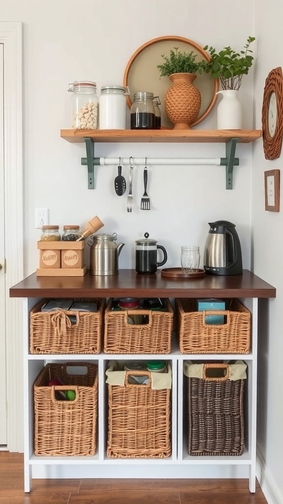 A cozy coffee bar setup with open shelving, woven baskets, and a decorative vase.