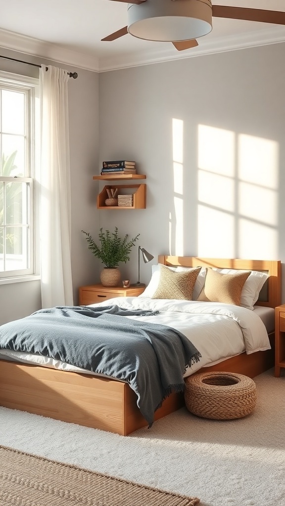 A cozy bedroom featuring a bed with storage underneath, floating shelves on the wall, and nightstands for functional storage.