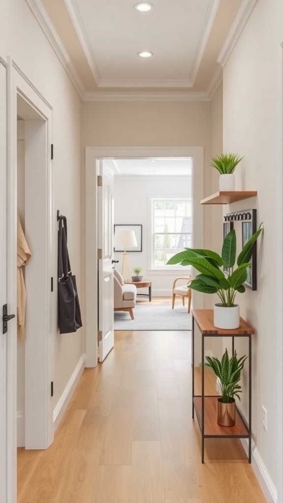 A modern bungalow hallway featuring functional storage solutions with open shelving and hooks.