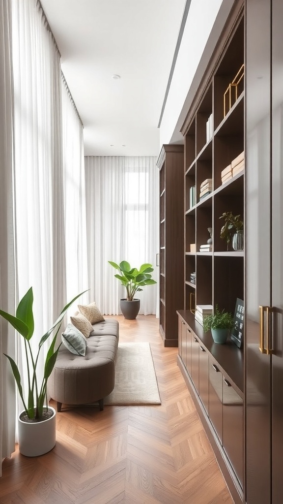 A narrow hallway featuring a stylish shelving unit, cozy seating, and a potted plant.
