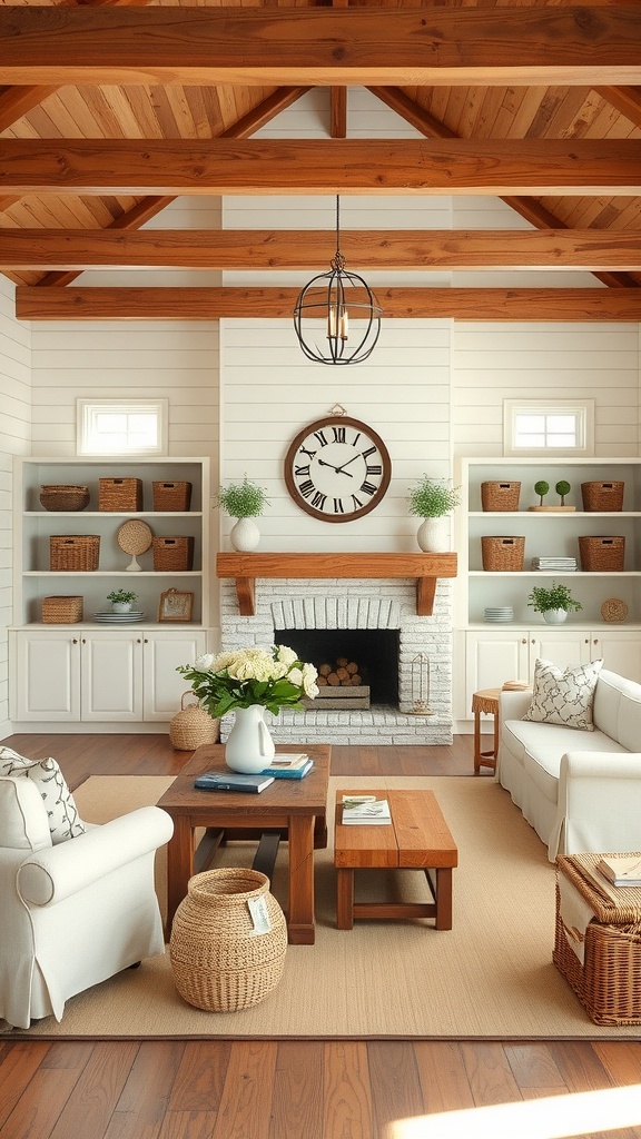 Cozy farmhouse living room with functional storage solutions like woven baskets and open shelves.