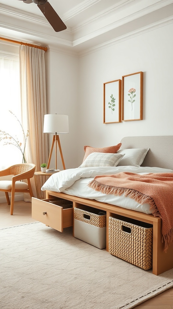 A cozy bedroom featuring under-bed storage and decorative baskets.
