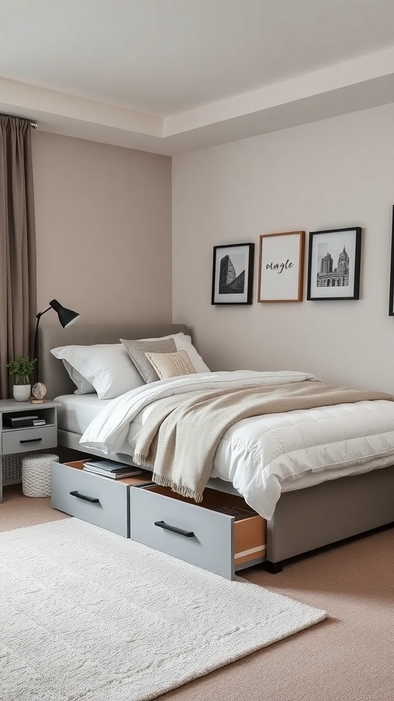 A stylish bedroom featuring a bed with built-in storage drawers underneath, showcasing a tidy and organized space.
