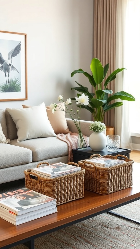 A cozy coffee table arrangement featuring woven baskets for storage, magazines, and a green plant.