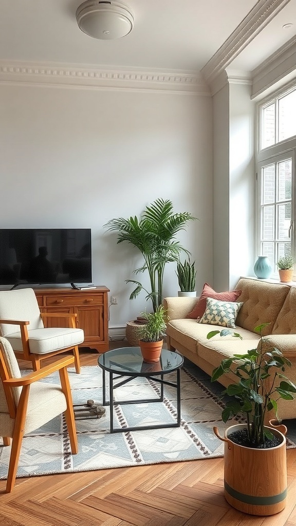 Ein gemütlicher Wohnraum mit einem beigen Sofa, einem Glastisch und mehreren Pflanzen.