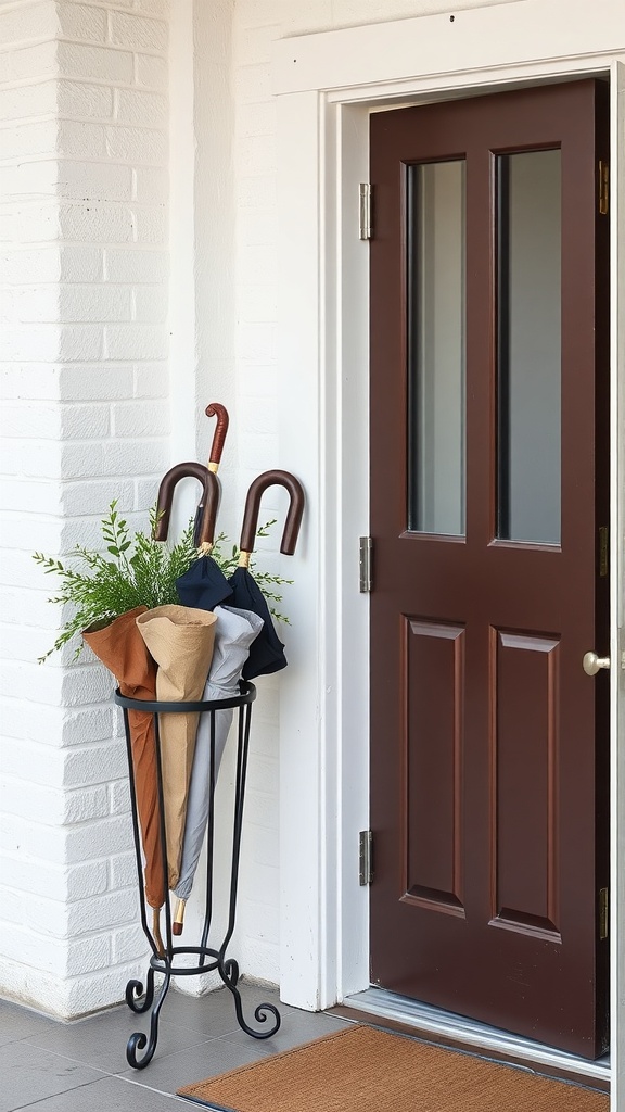 A stylish umbrella stand with colorful umbrellas and greenery, placed near a brown door.