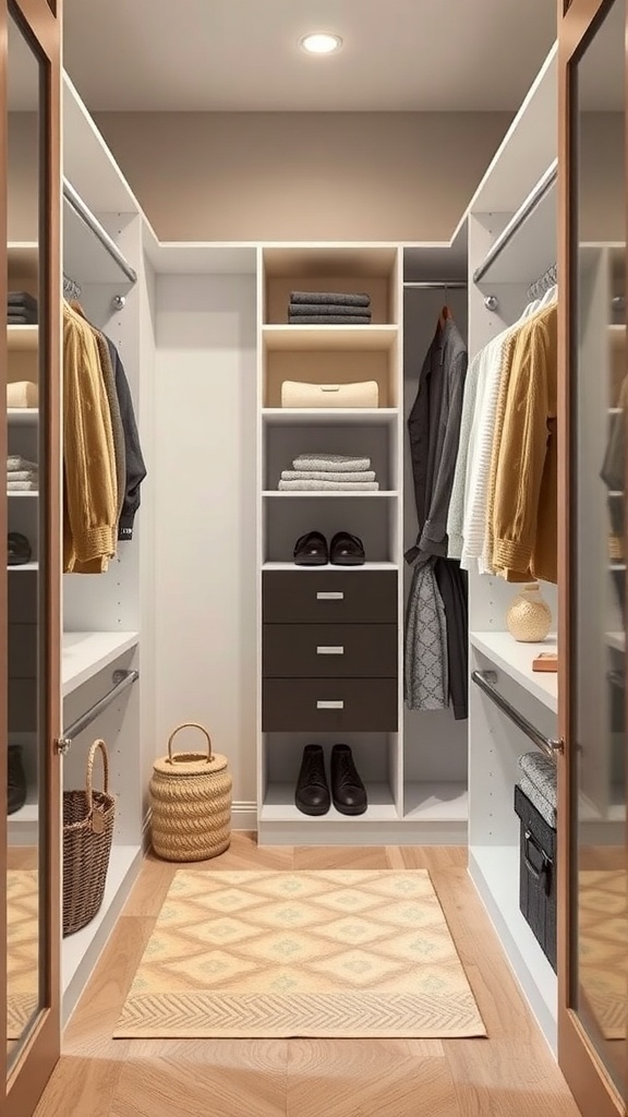 A functional walk-in closet layout showing organized shelves, drawers, and hanging space in a small area.