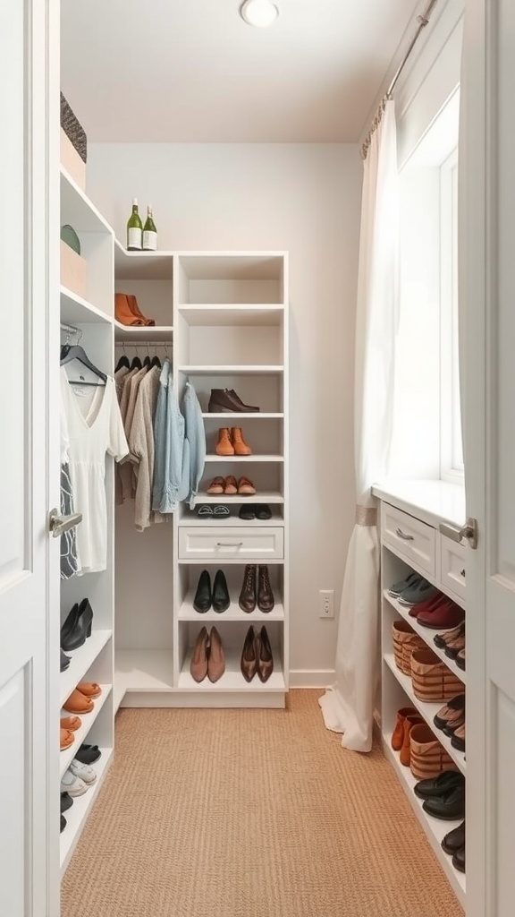 A functional walk-in closet with pull-out shoe racks, showcasing organized shoes and clothing.