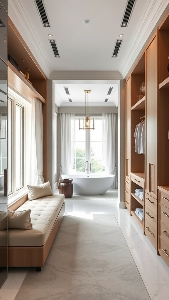 A luxurious walk-through closet leading to a bathroom, featuring built-in seating and natural light.