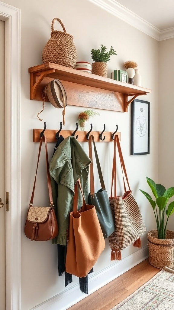 A stylish wooden wall hook setup with bags and jackets hanging, complemented by a shelf above.