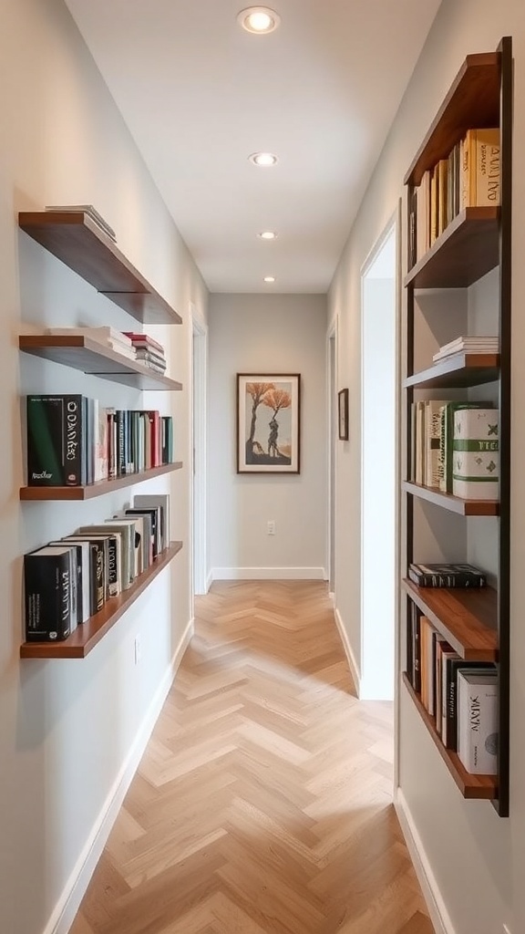 A stylish hallway featuring functional wall shelves with books, plants, and decorative items, along with seating and a vibrant rug.
