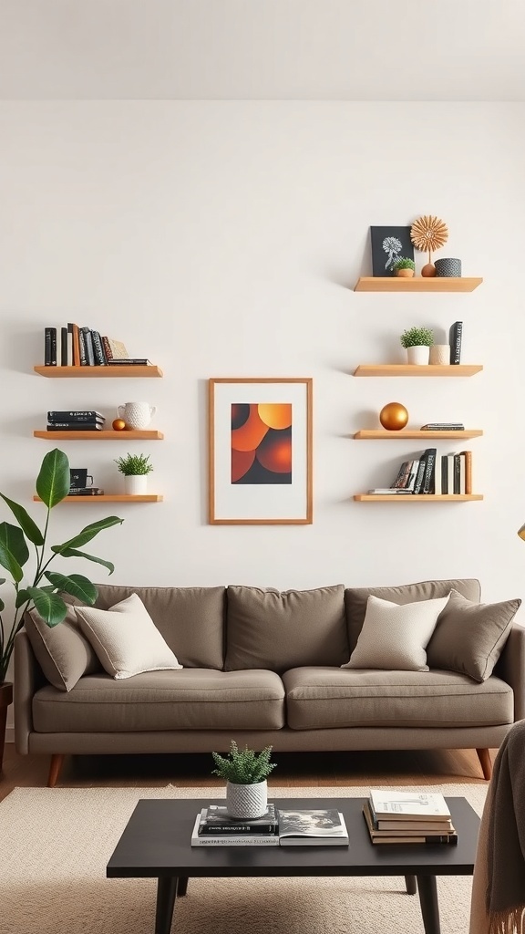 A stylish college living room featuring functional wall shelves with books, plants, and decorative items.
