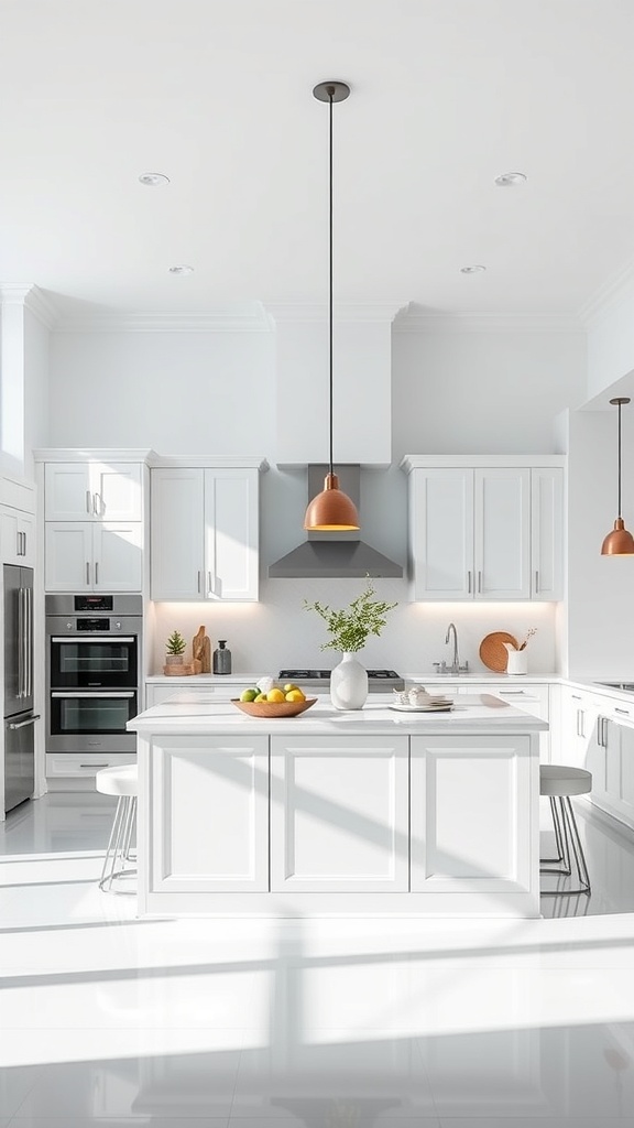 A bright and functional white kitchen with a central island, featuring modern appliances and stylish decor.