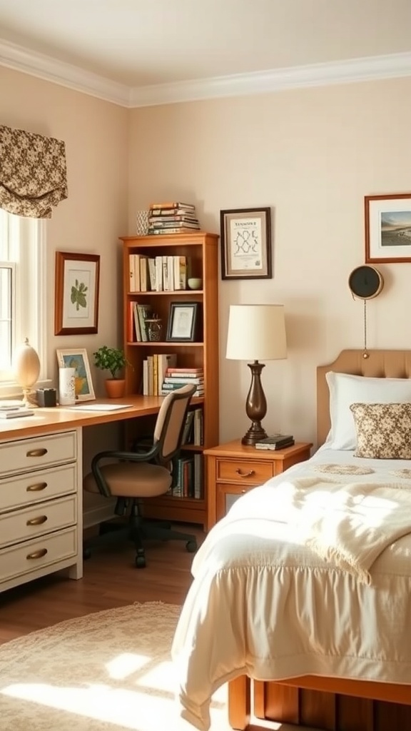 Cozy bedroom workspace with a desk, chair, and bookshelves