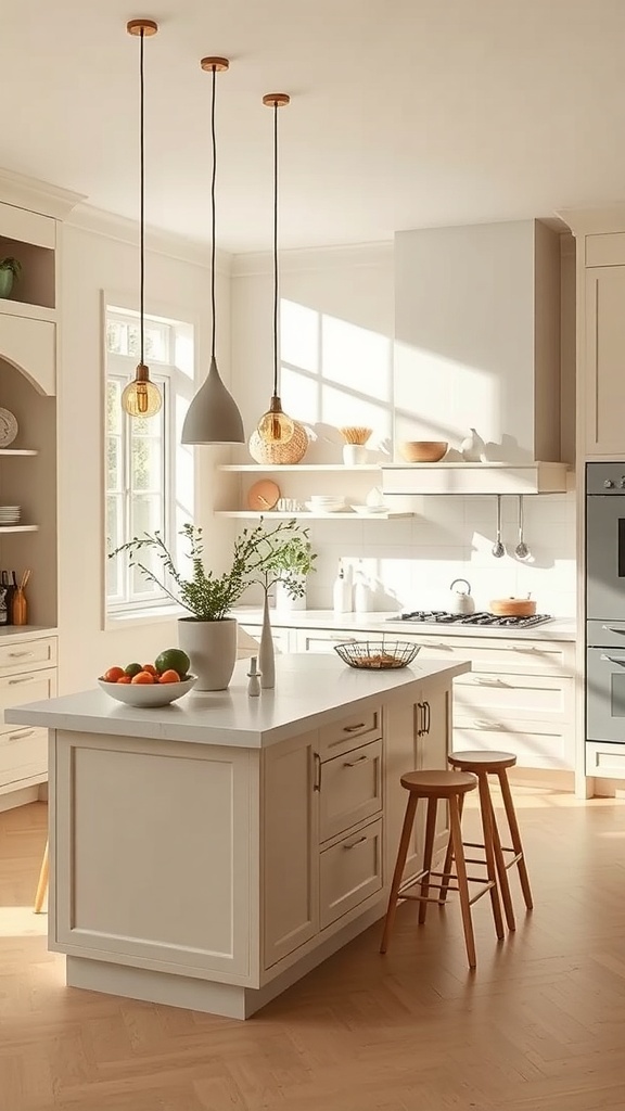 A bright and functional kitchen with a central island, modern appliances, and pendant lighting.