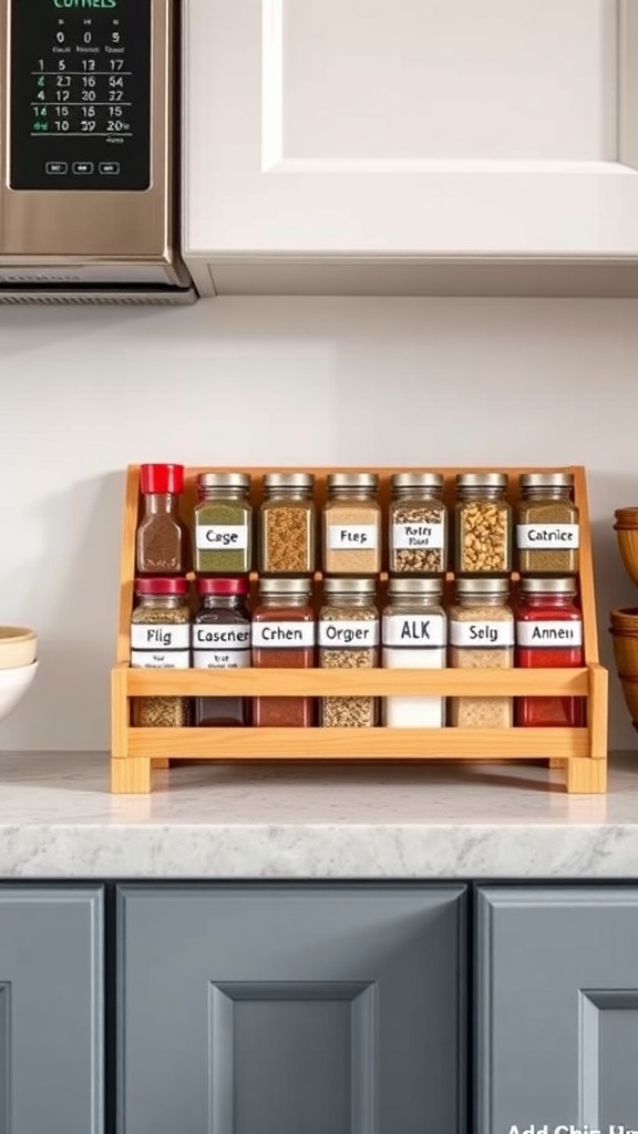 Stylish spice rack with labeled jars on a kitchen countertop.