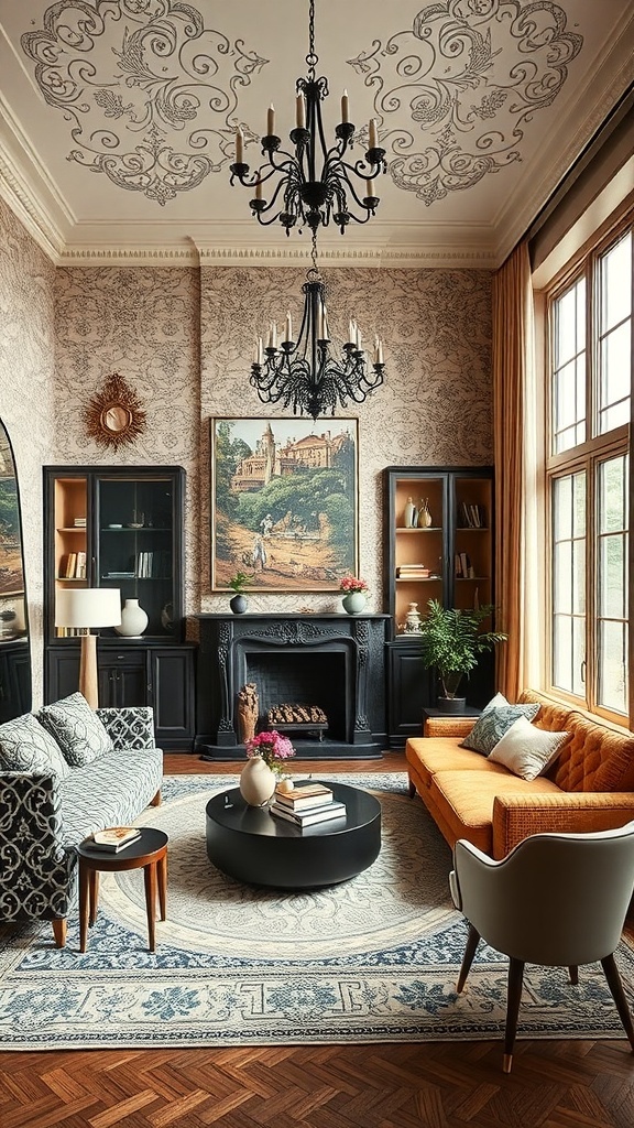 Ein stilvoll eingerichtetes Wohnzimmer mit eleganten Möbeln, einem Kronleuchter und dekorativen Elementen.