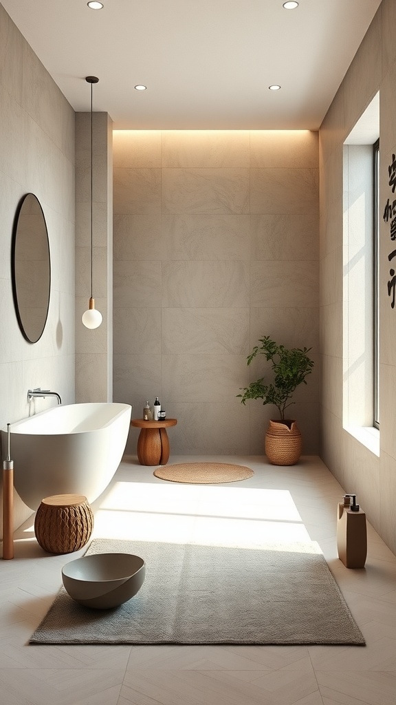 Ein modernes Badezimmer im Zen- und Japandi-Stil mit minimalistischen Accessoires.